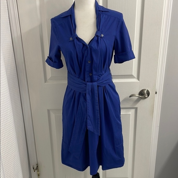 Jacob Blue Buttoned Midi Shirt Dress with Notched Collar & A-Line Skirt - Picture 2 of 15